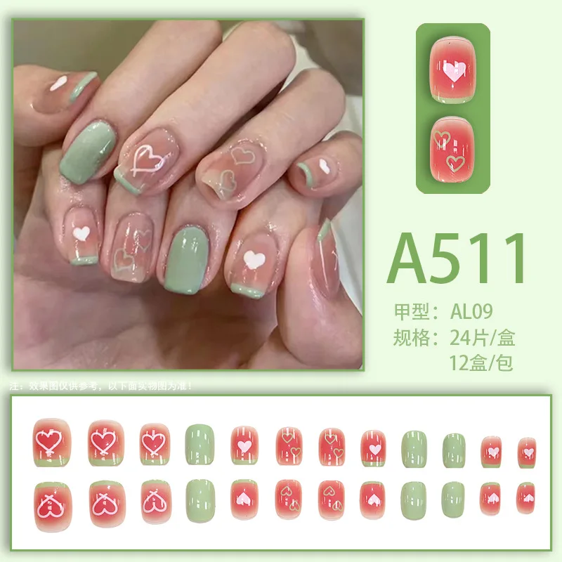 24Pcs/Set Love French Short Round Head Artificial Wearing False Nails Removable Acrylic Fresh Press on Nail Paste Fake Nail Tips