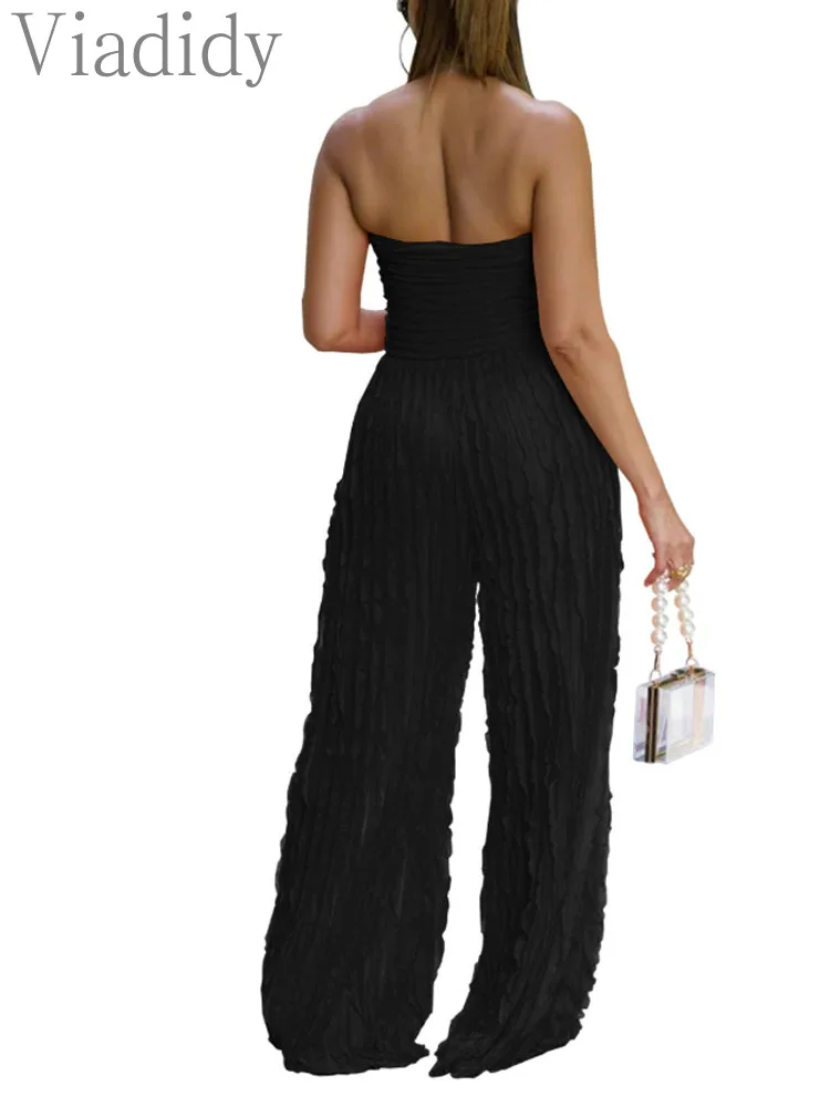 女性のセクシーなソリッドカラーのストラップレスフリルトリム装飾スキニーバックレスバンドゥワイドレッグジャンプスーツロンパース