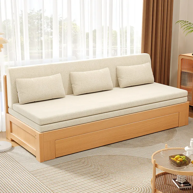 Beech sofa bed push-pull foldable sitting and sleeping bed multi-functional living room storage solid wood double sofa