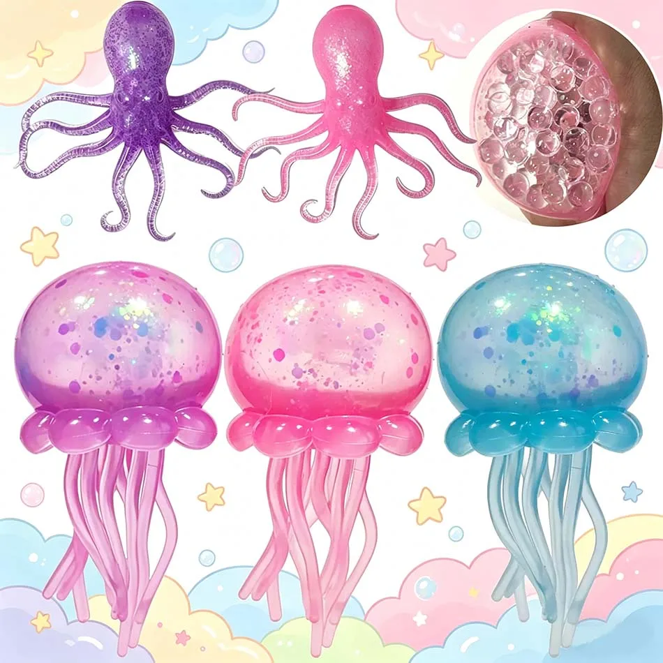 Glitter Octopus Squishy Toy Soft Stress Relief Fidget Toy Squeeze Jellyfish Squishy Compression Decompression Toy for Kid Adults