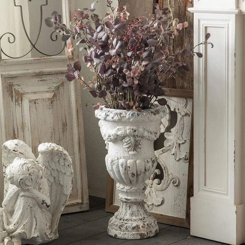 Decorative White Urn Planter Pot, Vase with Aged Patina Finish, Antique Style, Chic Style, Made in Magnesia
