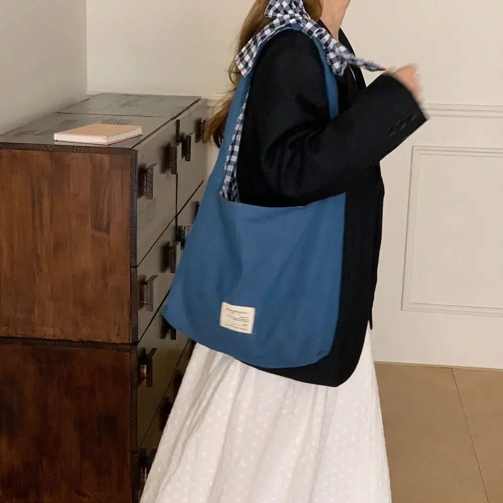 

Plaid Double Sided Shoulder Bags Blue Large Capacity Korean Style Handbag Vacation Tote Bag Bow Strap Denim Canvas Handbag Men