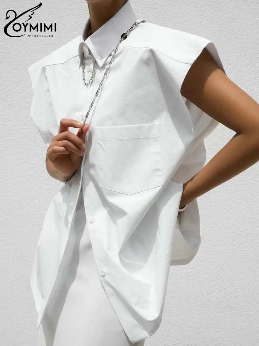 Odimi-Camisa feminina de algodão branco elegante, gola virada para baixo, sem mangas, camisas casuais, peito único, bolsos, moda feminina