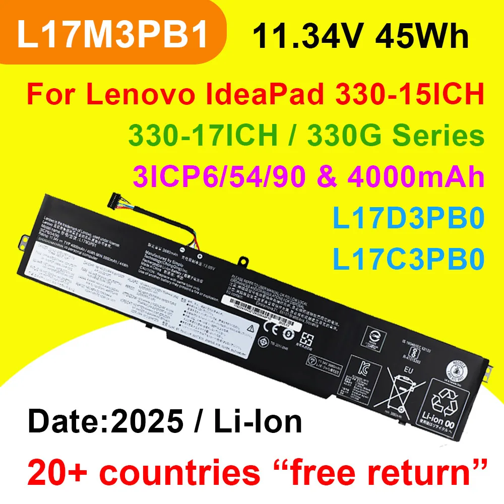 

Аккумулятор для ноутбука Lenovo IdeaPad 330G 330-15ICH 330-17ICH серии L17M3PB1 L17D3PB0 L17C3PB0 11,34 В 45 Втч 4000 мАч перезаряжаемый