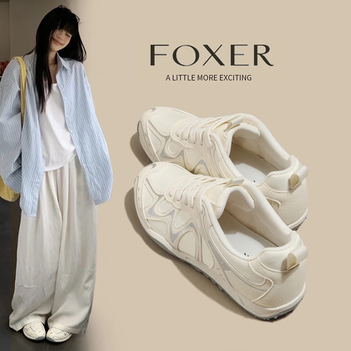 FOXER Soft Leather Women Sneakers White Lace Up Casual Flat Shoes Ladies Lightweight Non-slip Sports Footwear Zapatillas Mujer