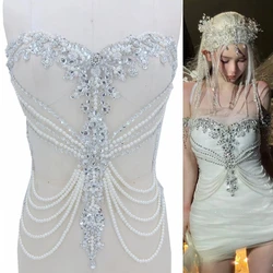 Cucito a mano su strass argento applique su cristalli di peal mesh patch di rifinitura 45*38cm per accessori per abiti da sposa