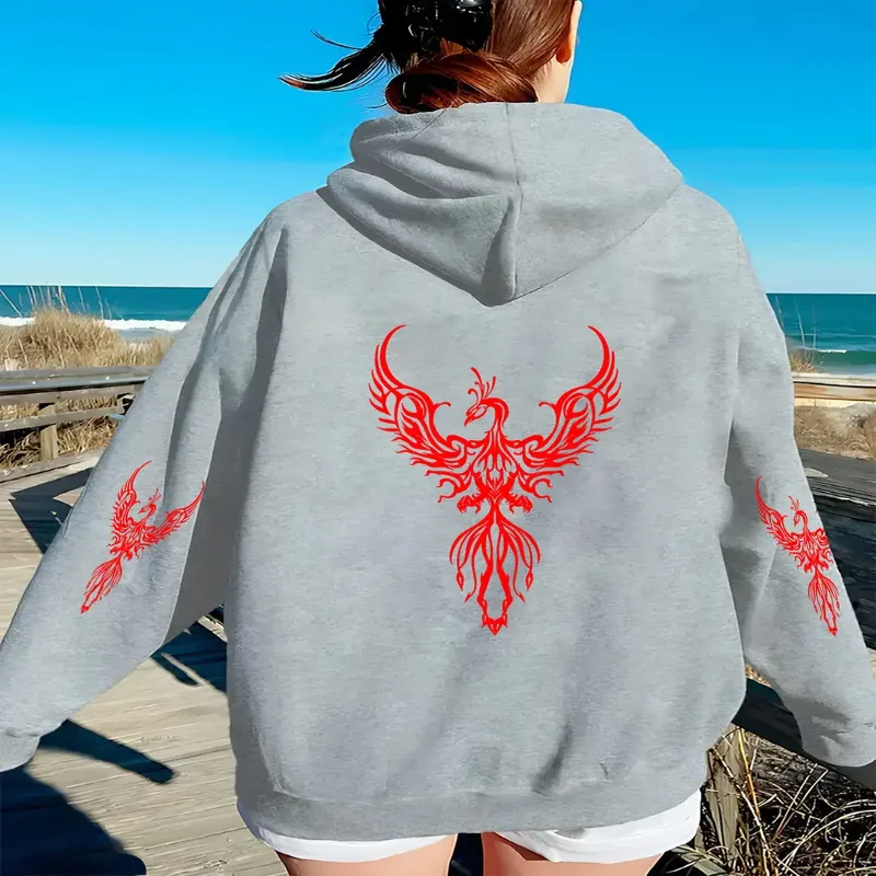 

Casual Hooded Sweatshirt With Red Phoenix And Floral Print Long Sleeve Pullover With Front Pocket Fall Winter Season Casual Wear