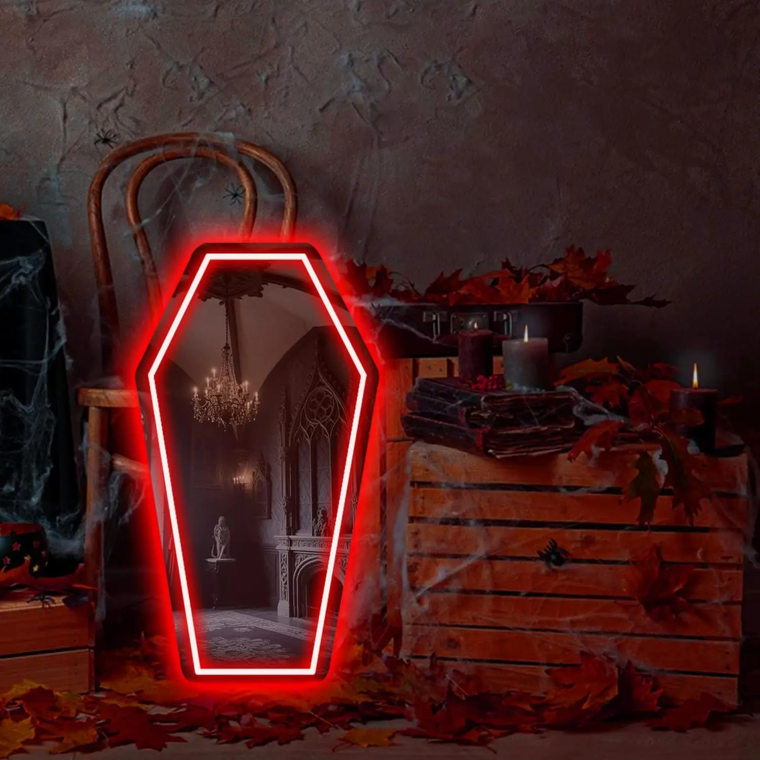 التابوت مرآة النيون تسجيل USB عكس الضوء ضوء النيون لغرفة الألعاب رجل الكهف غريب الأطوار القوطي هدية تزيين المنزل مرآة لوضع مساحيق التجميل