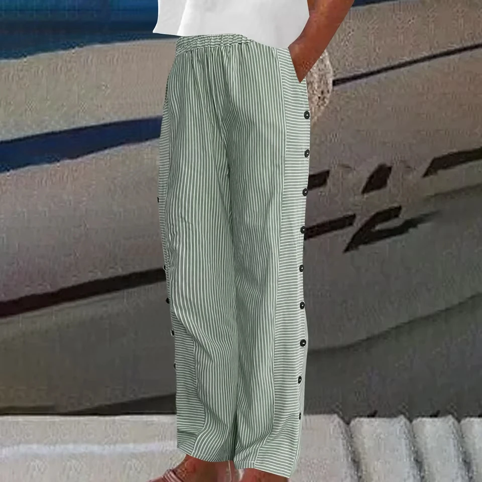 Harajuku Women Stripe Pants Elastic Waist Side Buttons Loose Straight Trousers Spring Summer Casual Sweatpants Bottoms Pajama