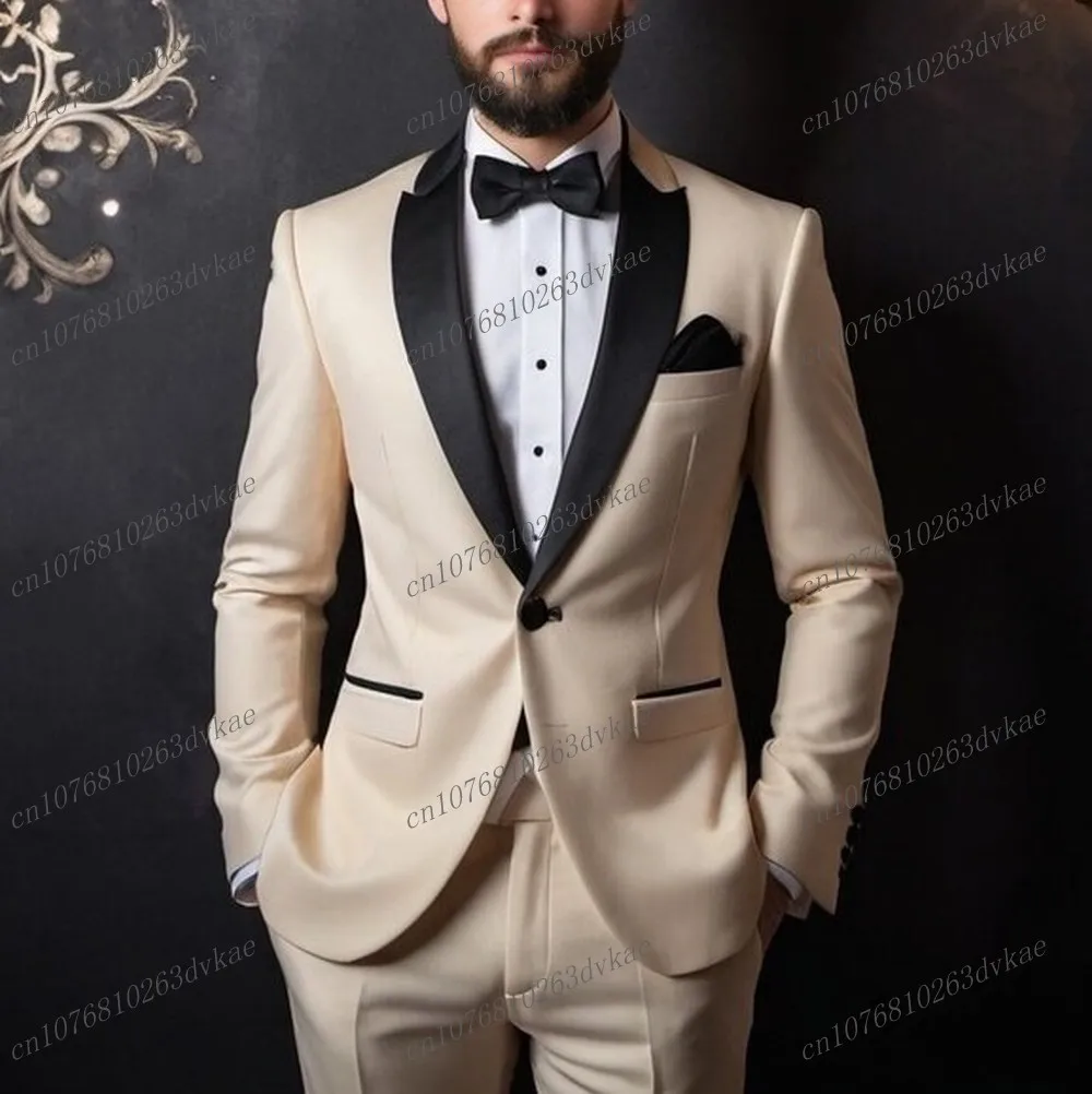 

New Black Lapel Beige Business Men Suit Wedding Party Prom Groom Groomsman Formal Occasions Tuxedos 2 Piece Set Blazer Pants