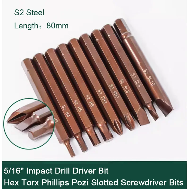 

1PCS 5/16" S2 Steel Impact Drill Driver Bit Screw Extractor Hex Torx Phillips Pozi Slotted Screwdriver Bits Length 80mm