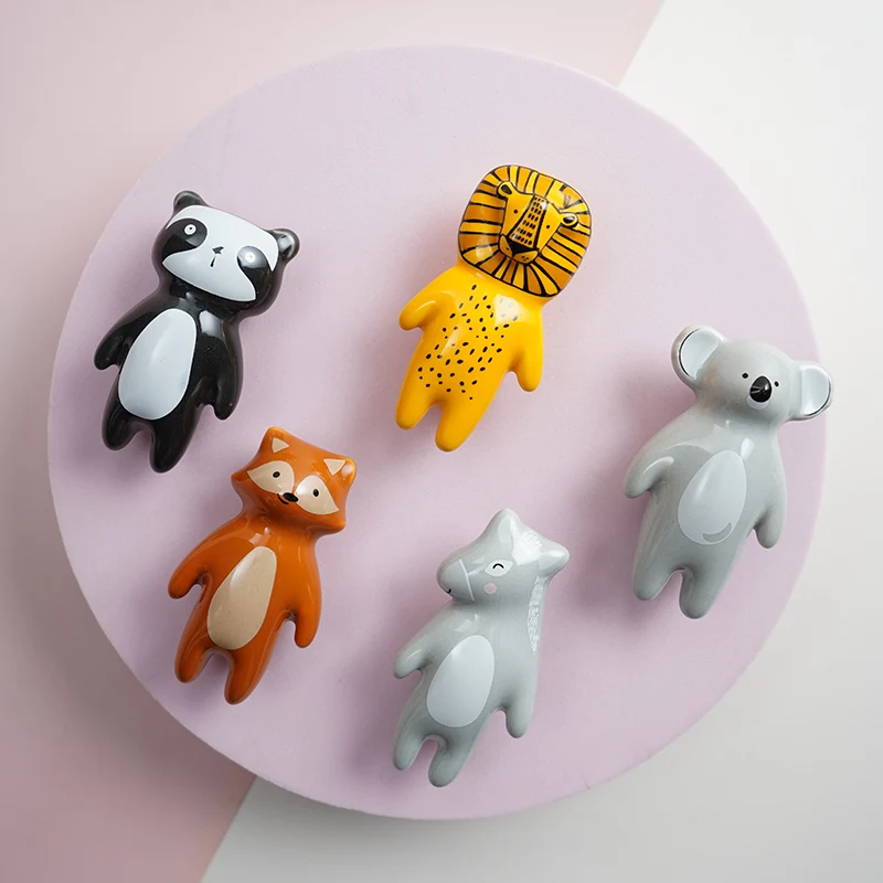 Cute Animal Ceramic Cabinet Knobs, Nordic Drawer Pulls, Lightweight Round Handles with Screws (Lion, Fox, Koala, Panda