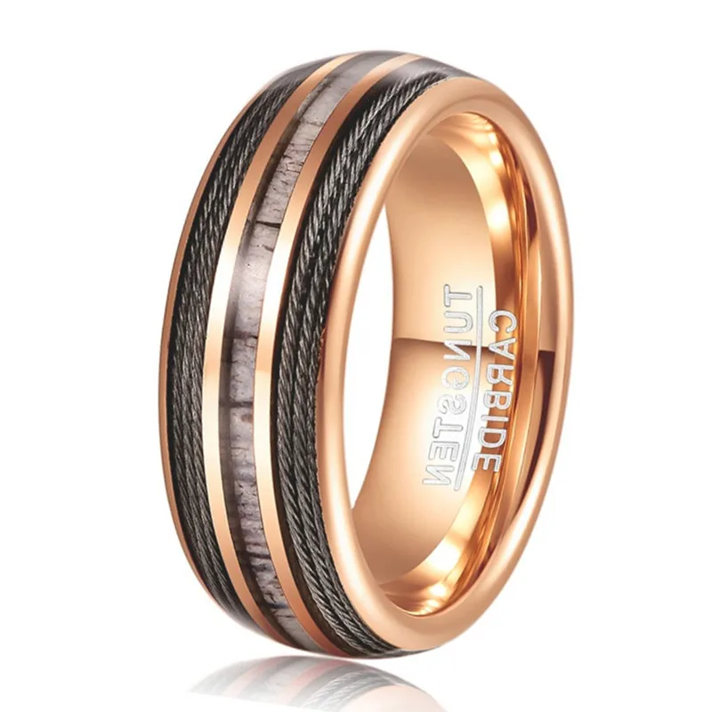 Man/Woman Wedding Ring Anniversary Ring Inlaid Cable and Antler 8mm Rose Gold Tungsten Carbide Ring Men's Ring Fit Size 7-12