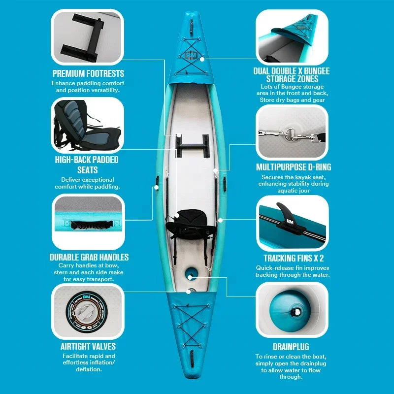 Newly Upgraded 12.5 Feet 1 Person Drop Needle Kayak Single Inflatable Kayak With One Seat
