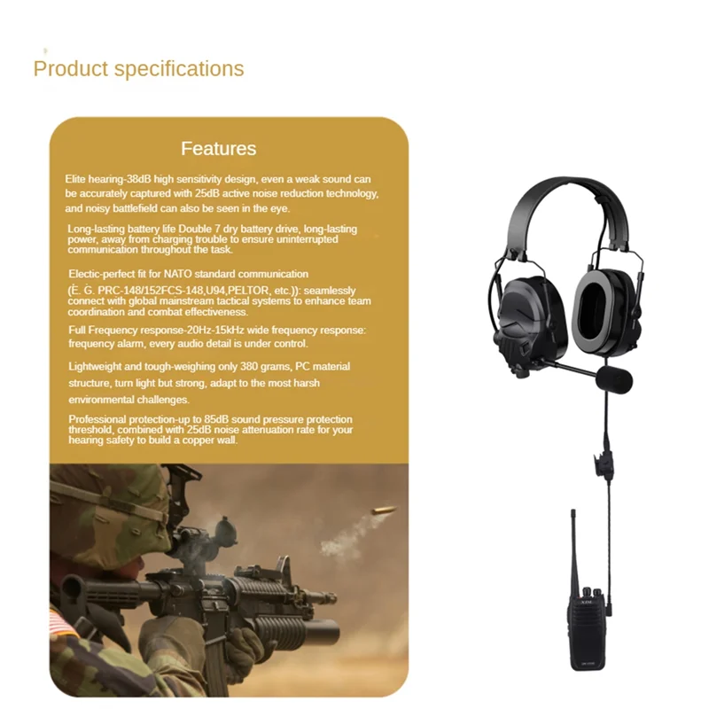 

Excellent-Tactical Headset With Microphone K/M Plug Foldable Anti-Noise Headphone Hunting Hearing Earmuff Nrr25db