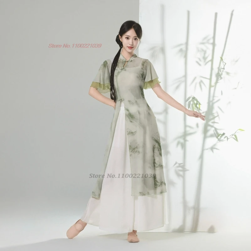 2025 chinese folk dance dress flower print chiffon qipao tops+pants set traditional dancer training exercise stage performance