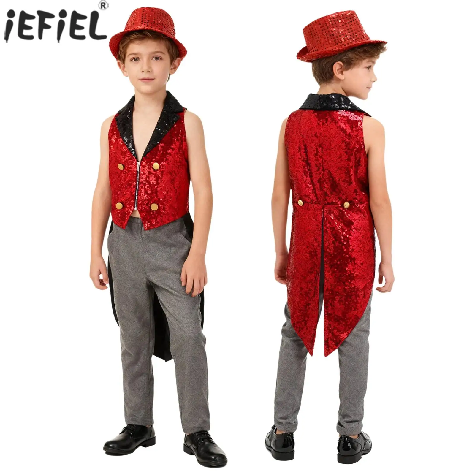 Kids Medieval Victorian Tailcoat Vest Lapel V Neck Sequin Waistcoat with Fedora Hat for Carnival Circus Magician Show Jazz Dance