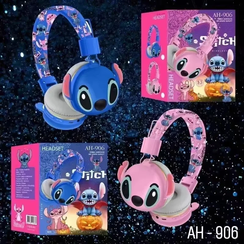 Headphone Bluetooth Anime Kartun Stitch Disney Ah-906 Earbud Nirkabel Suara Hifi Headset Lipat dengan Mikrofon Hadiah Anak-anak Kawaii