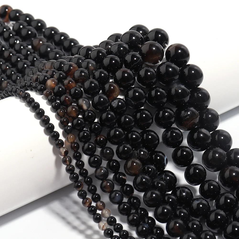 4/6/8/10/12mm natürliche schwarze Achat-Steinperlen, runde lose Abstandsperlen für die Schmuckherstellung, DIY-Armbänder, Halsketten-Zubehör