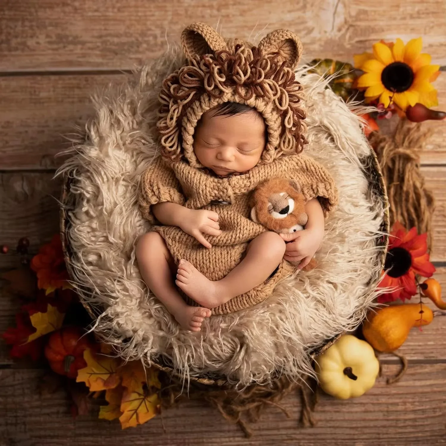 Newborn Photography Outfit Lion Hat Romper Set Baby Halloween Costume Animal Handmade Crochet Knitted Pants Hat Fotografia