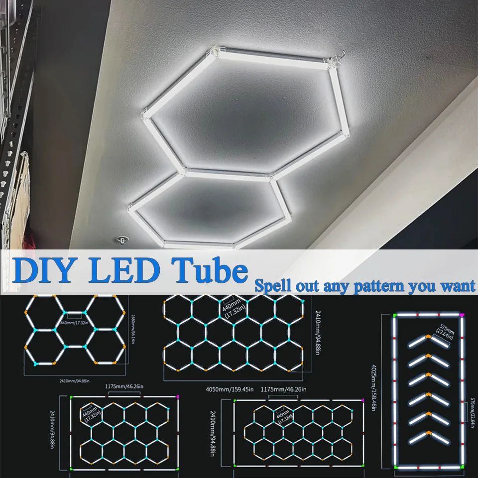 DIY led tube Hexagon Garage Honeycomb Car Body Lighting Lamp Ceiling lamp PC AC85-265V Accessories Barbershop Workshop garage