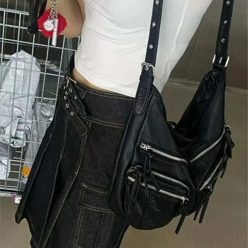 Retro Black Textured Tote Women Leather Large Capacity Multi Pocket Shoulder Ladies Hot Girl Punk Y2k Crossbody Bag 2025