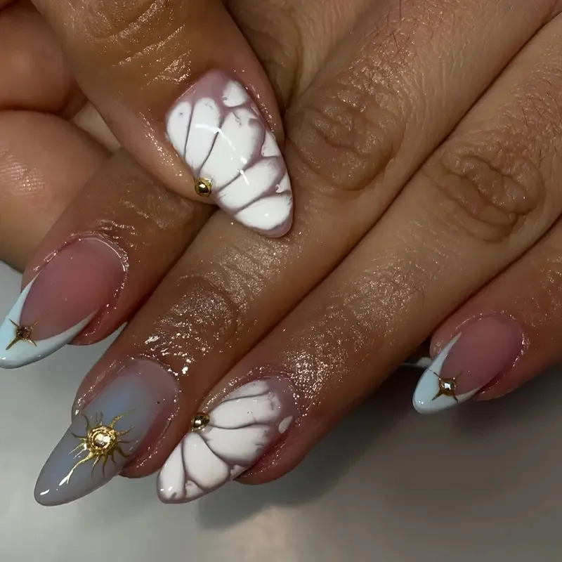 

24Pcs Blue Smudge French Press on Fake Nails Starburst Rhinestone False Nails Mid-length Almond Detachable Full Cover Nails Tips