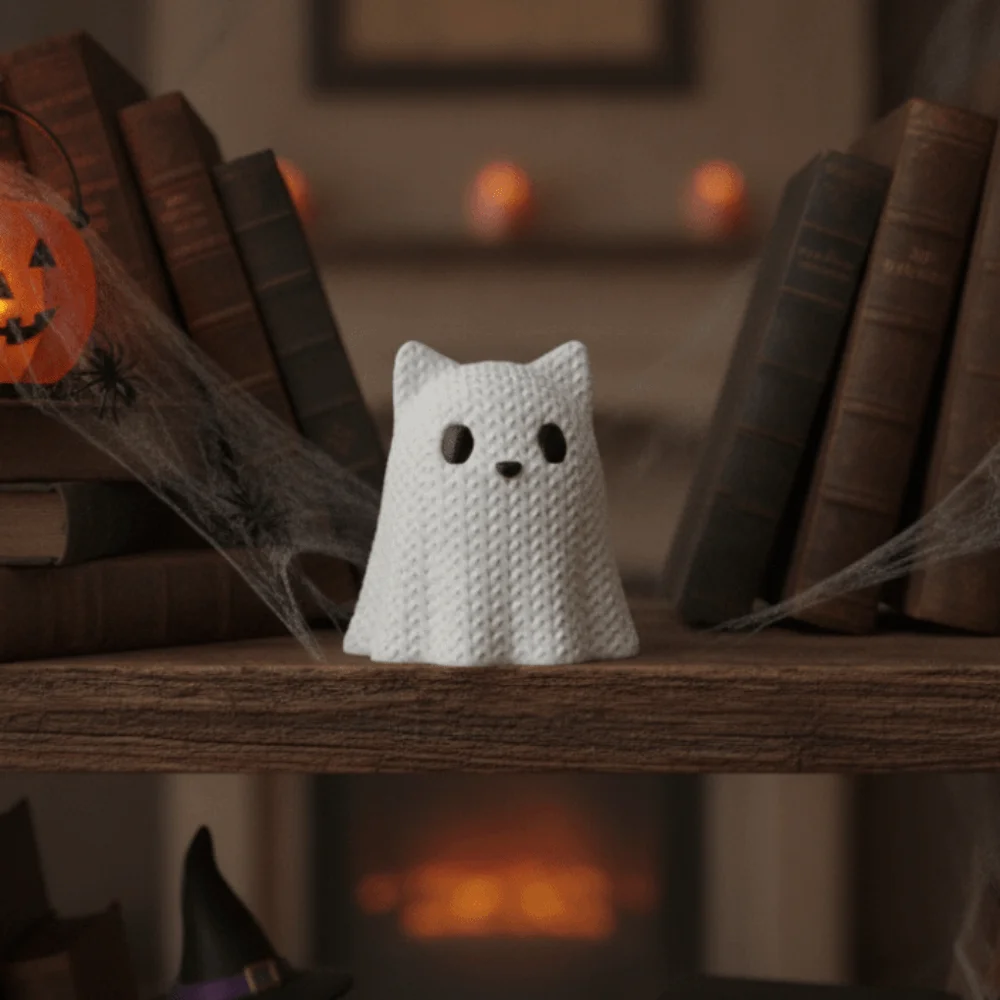 Knitted Texture Halloween Ghost Cat Dog Figurines Mini Plastic Ghost Cat Dog Desktop Ornaments 3D Printed view 5
