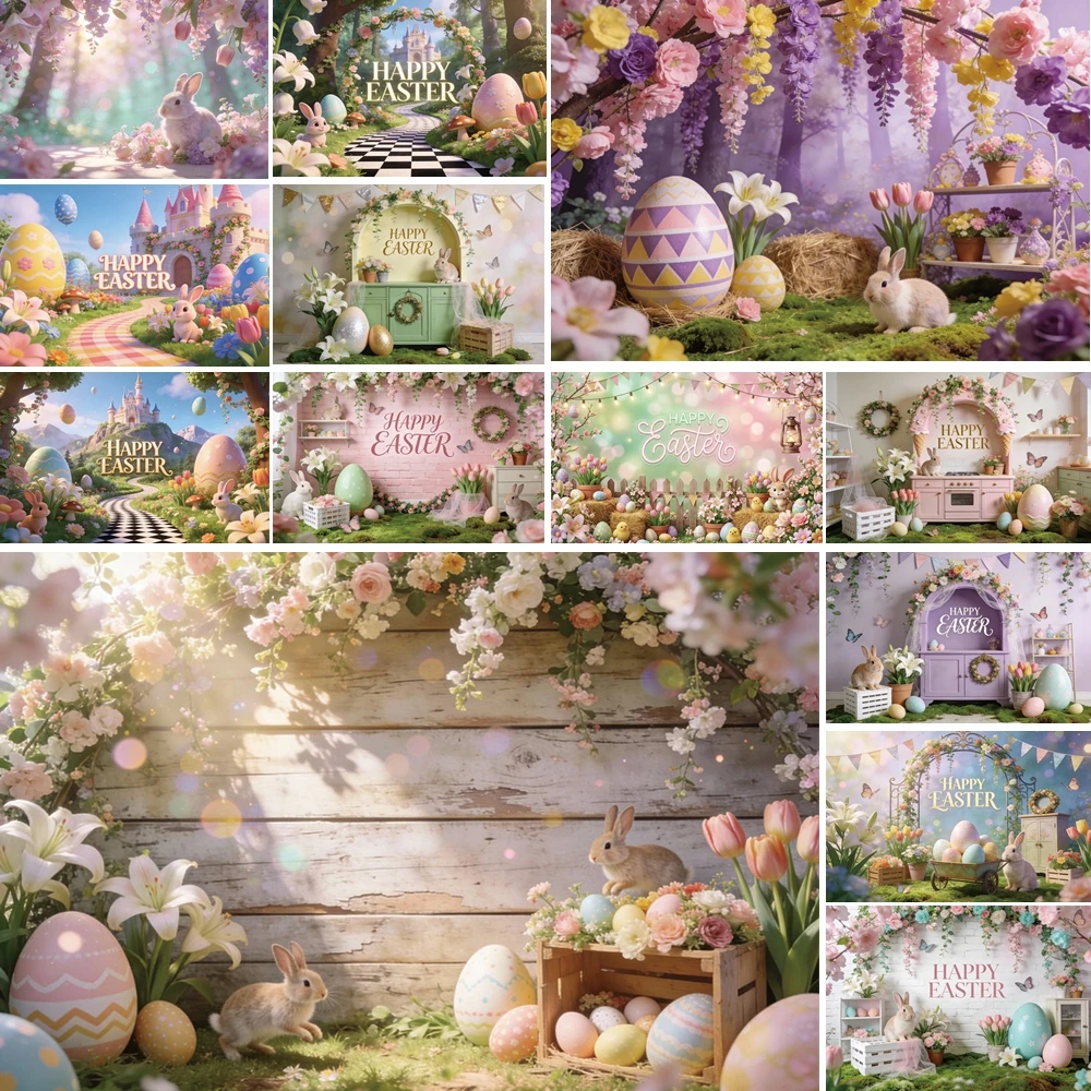 

MOON.QG Happy Easter Floral Background Photography Bunny Egg Flower Backdrop Baby Photocall Photozone Birthday Festival Decor