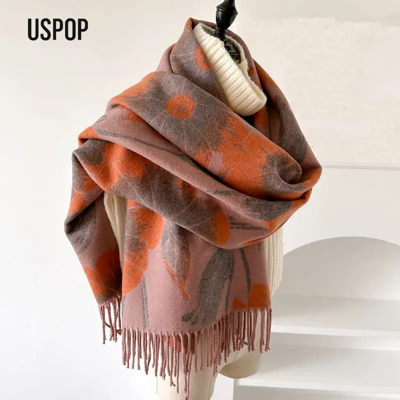 USPOP Large Wide Thick Cashmere-Feel Double-Sided Scarf Shawl with Tassels for Women Autumn Winter Elegant Neck Warmer Wrap