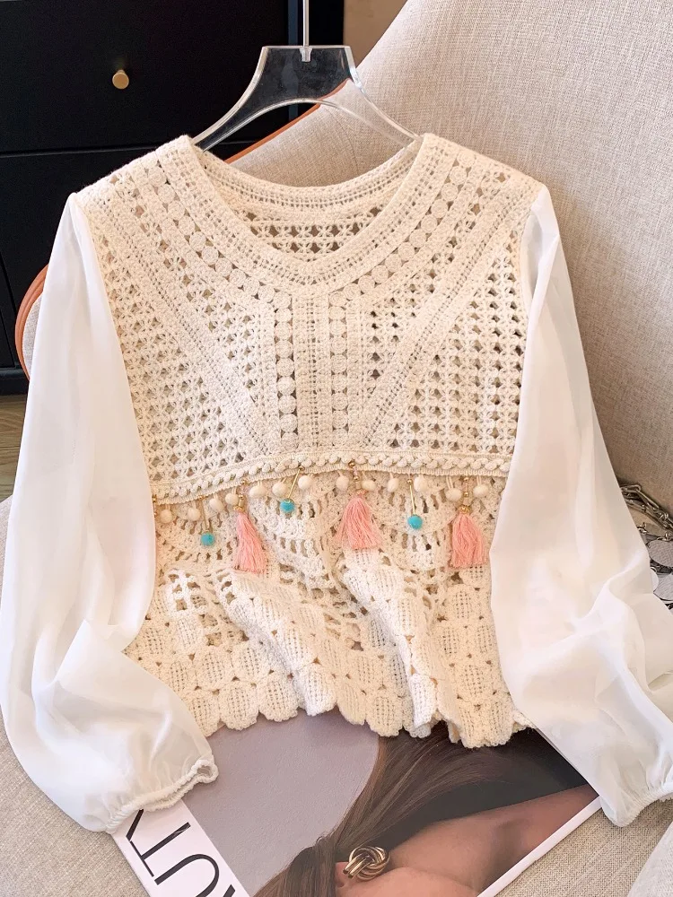 

Bohemian Style Hollowed Out Chiffon Shirt 2024 New Summer Women's Patchwork Tassel V-neck Long Sleeve Knitted Beach Vacation Top