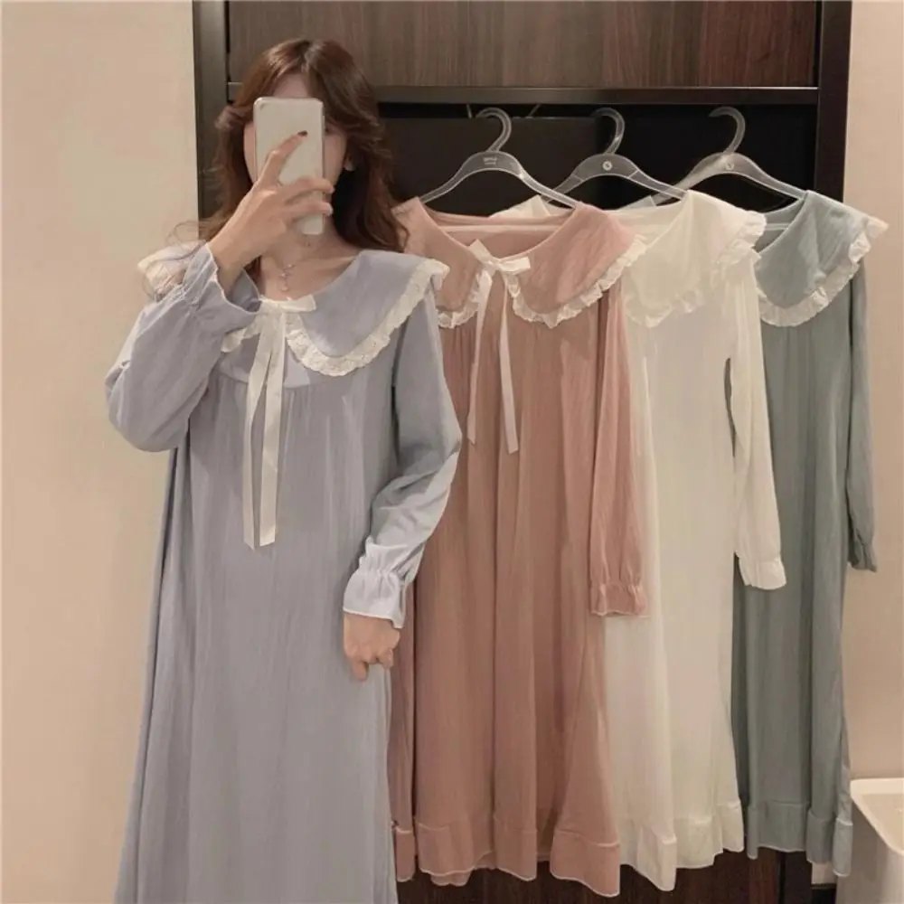 

Homewear Lace Pajamas Nightgown Women Collar Loose Bowknot Ruffle Nightdress Ruffle Sweet Long Sleeve Sleepwear Home