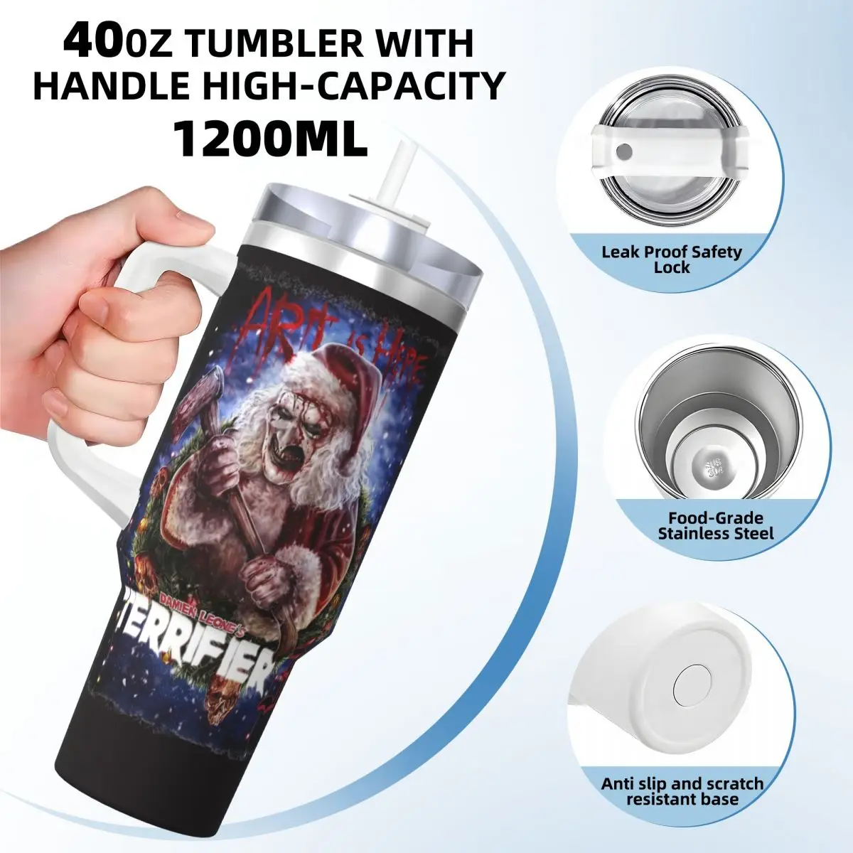 Christmas Terrifier Horror Clown Tumbler Cold Drink Water Bottle Portable Stainless Steel Coffee Mug Custom DIY Camping Car Mugs