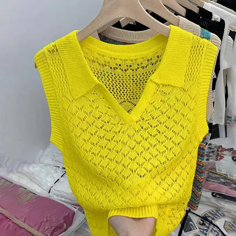 

2024 New Summer Elegant Fashion Loose Hippie Fashion Korean Style Tank Top for Women Hollow Out V Neck Sleeveless Y2K Chic Tops