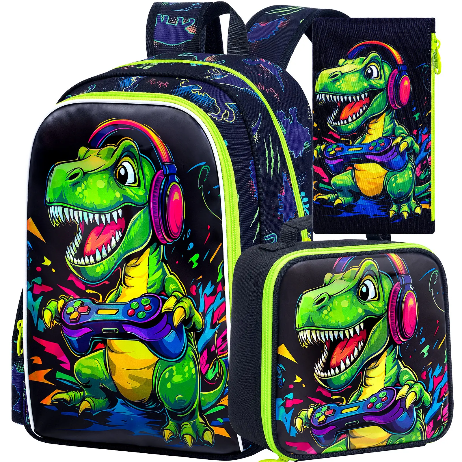 kid's-backpack-3pcs16-inch-gaming-dinosaur-print-large-capacity-lightweight-set-one-backpackone-handbagone-pencil-case