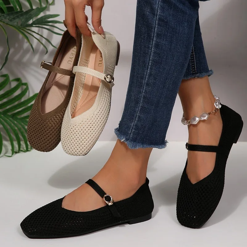 2026 Fashion Buckle Strap Knitted Breathable Women's Flats and Loafers New Simple Style Casual Women Shoes  