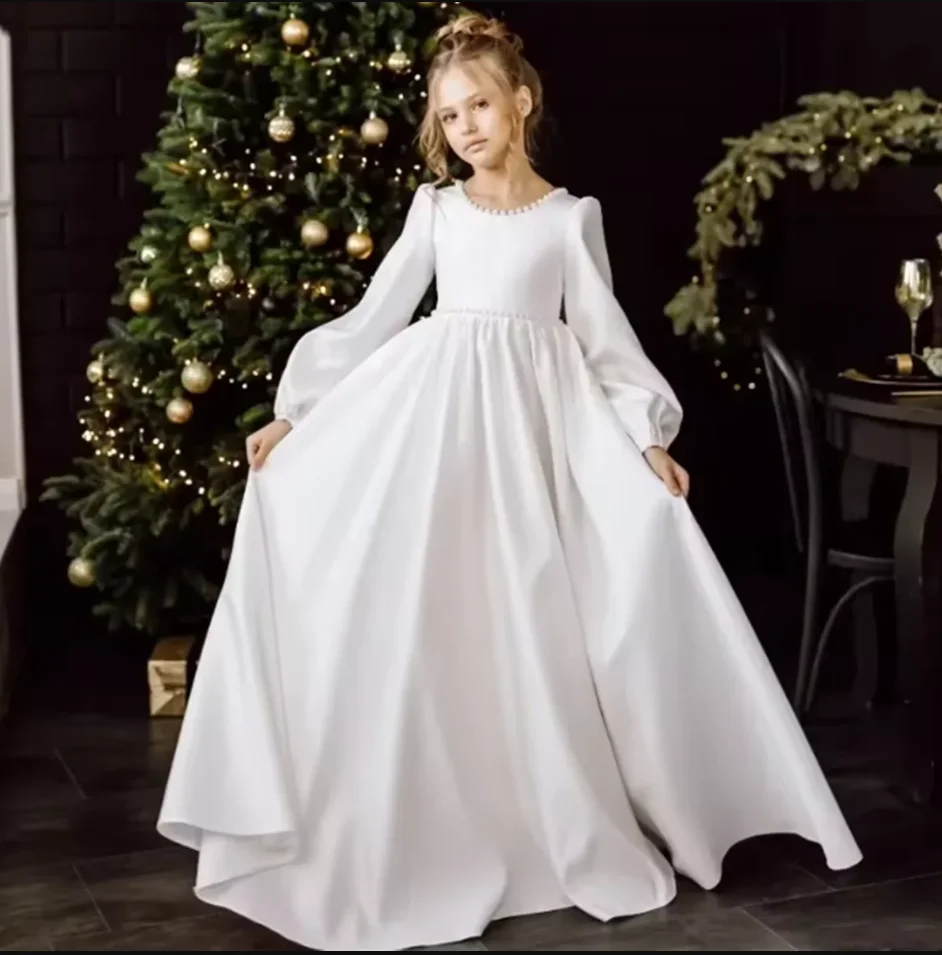 

White Ivory long Sleeves Princess Flower Girl Dress for Wedding Sequins Beads Birthday Pageant Dress Kids First Communion Gown