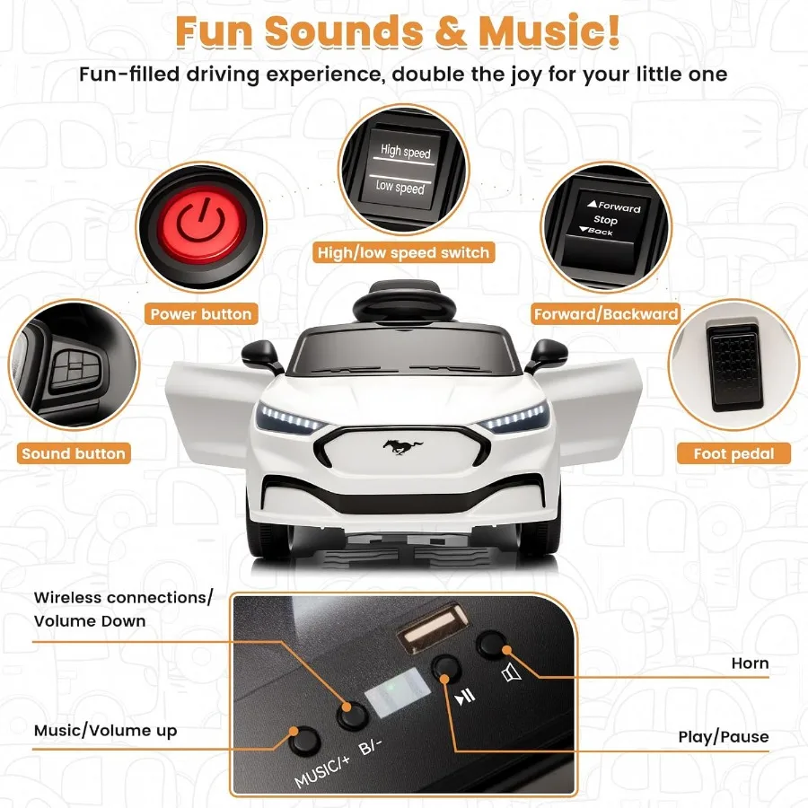 어린이용 전동 자동차, 12V 전동 유아용 자동차 리모컨 포함, LED 조명 및 음악 플레이어가 있는 어린이용 탈것 장난감