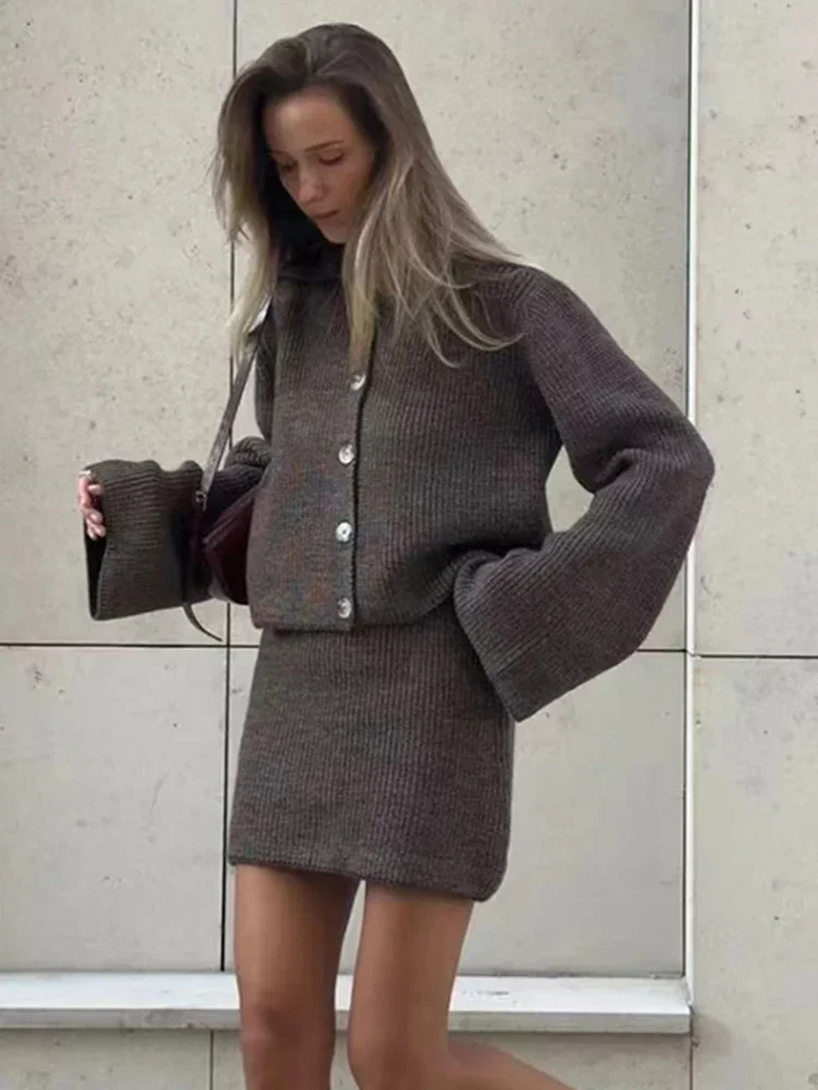 Women\'s Knitted Suit Lapel Flare Sleeve Cardigan Skirt Autumn Winter New Fashion Solid Slim Female Sweater Two Piece Sets