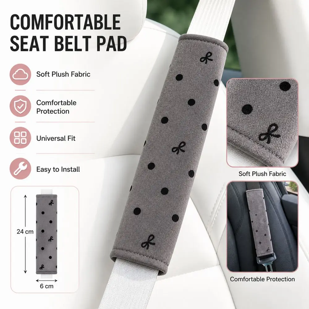 Polka Dot Seat Belt Shoulder Pad Soft Fabric Bow Pattern Seat Belt Cover Comfortable Padding Wraparound Closure