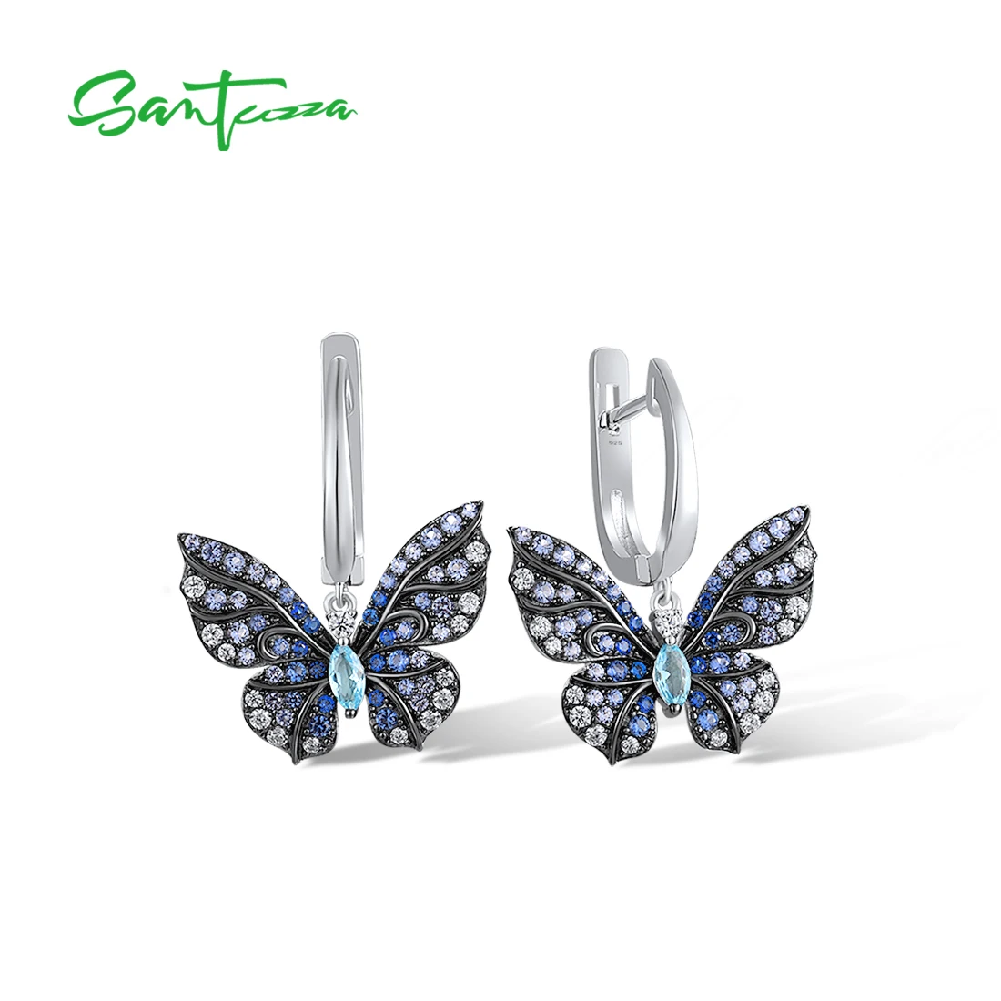 SANTUZZA Real 925 Sterling Silver Earrings For Women Sparkling Blue Nano/ Spinel Delicate Butterfly For Girl Friend Fine Jewelry