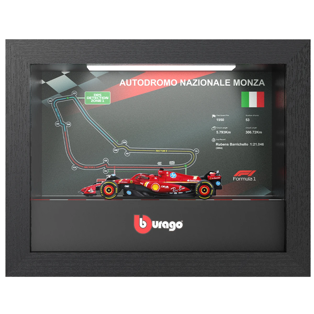 Bburago 1:43 2024 F1 Ferrari SF24 #16 Charles Leclerc Formula 1 Model Car Photo Frame Version With LED Light Monza Circuit