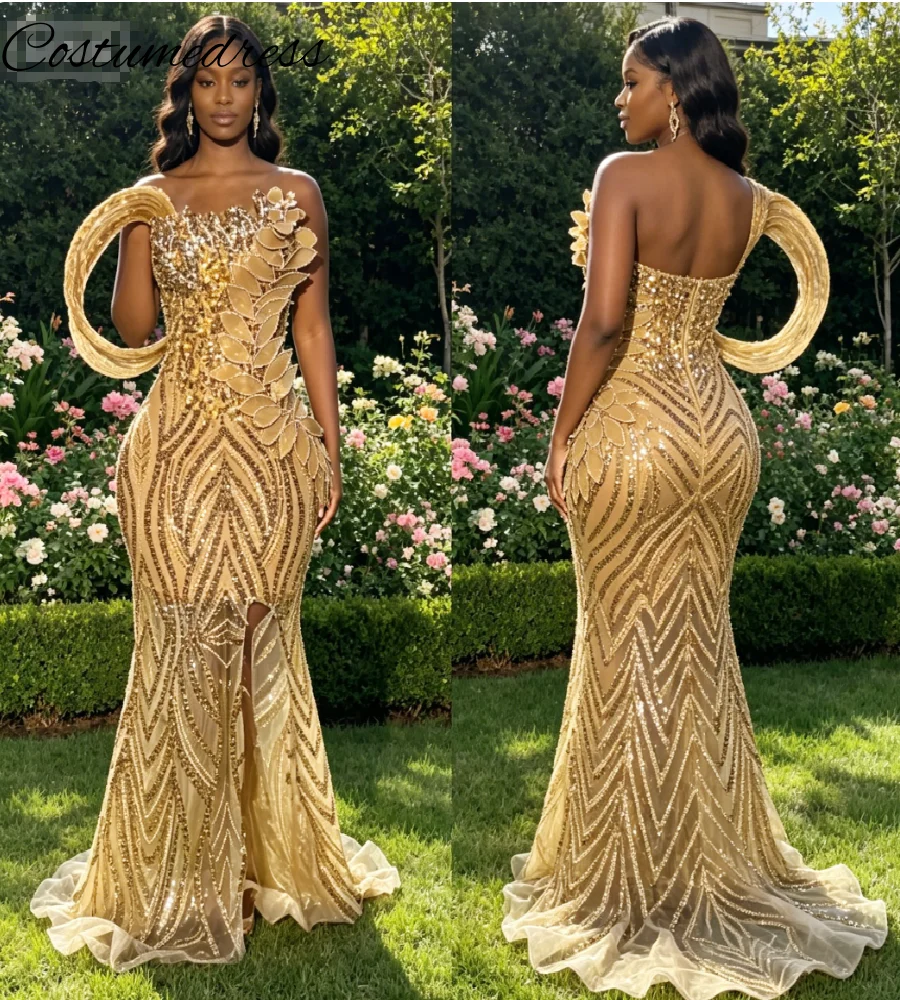 Gold One Shoulder Mermaid Prom Dress Loop Strap 3D Leaf Floral Beaded Chevron Sequin High Slit Evening Gowns Luxury Formal Party