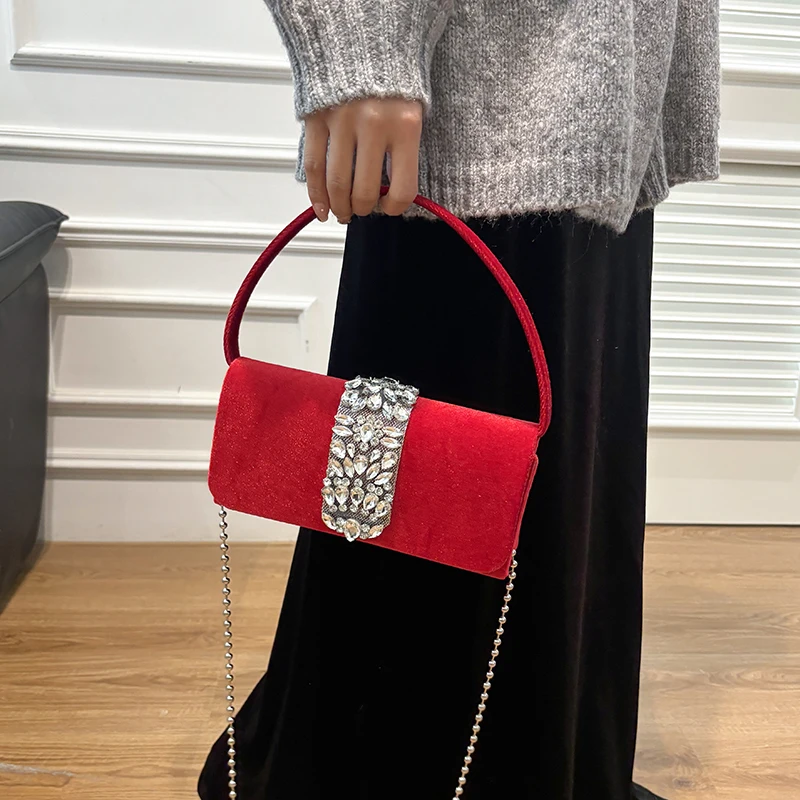 Shiny Diamond Party Purse Evening Bag For Women 2024 Spring Chain Shoulder Crossbody Bag Luxury Wool Cloth Handbag Clutch Bags