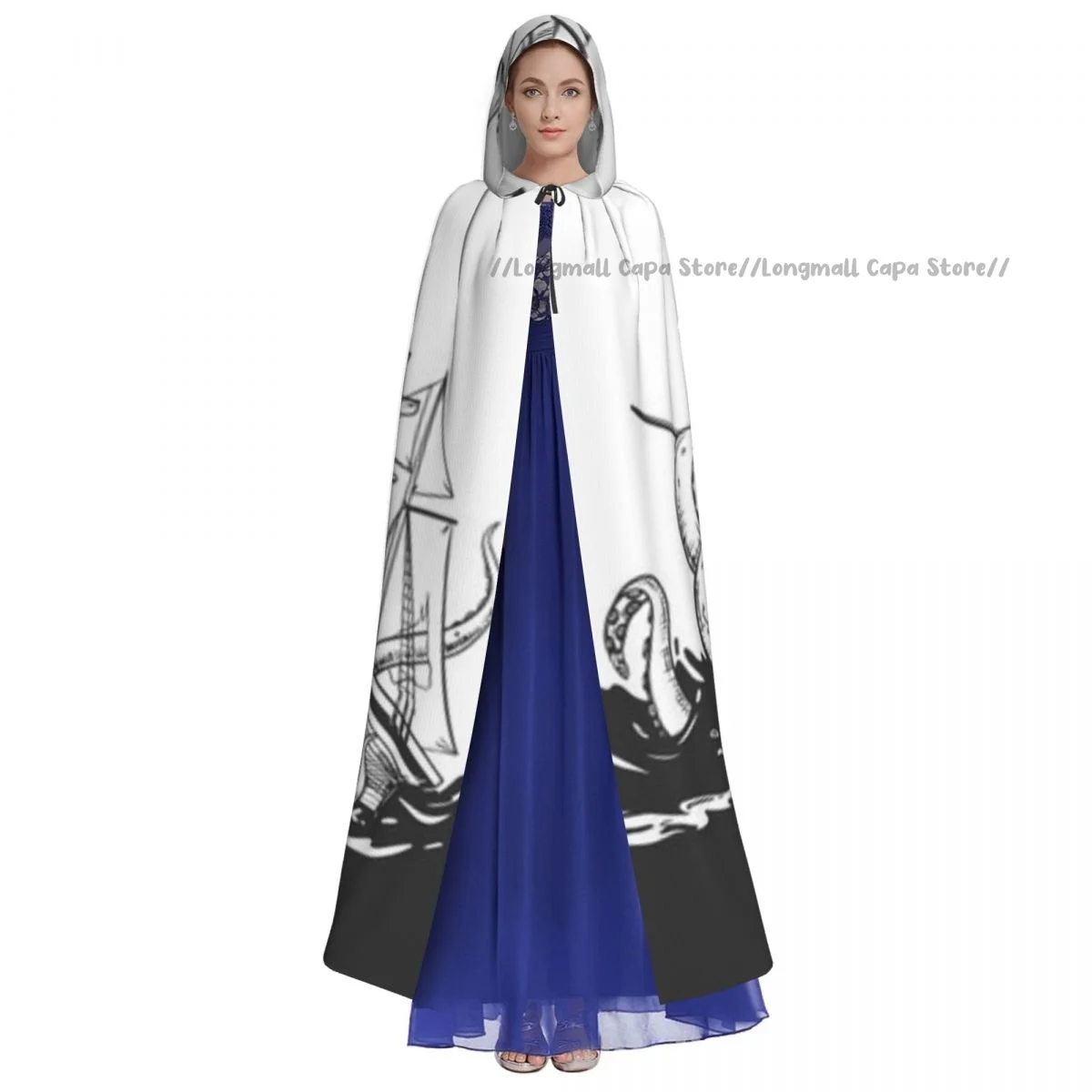 Adult Halloween Kraken Attacks Sailboat Cloak Cape Hooded Medieval Costume Full Length Dress Coat