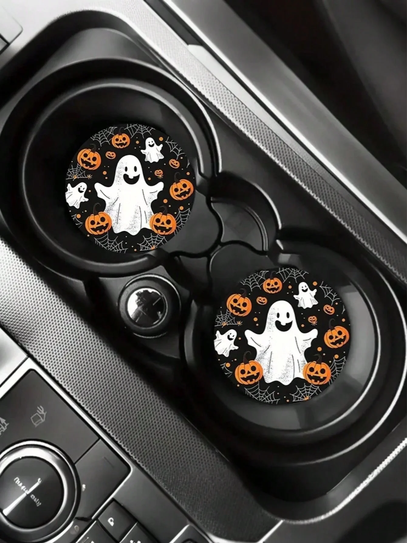 Набор автомобильных подставок на Хэллоуин из 2 предметов — рисунок призрака и тыквы, нескользящая резиновая основа, подходит для украшения интерьера автомобиля, Хэллоуина