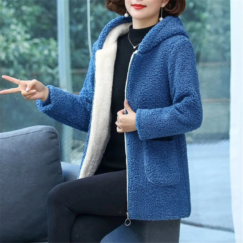 Mars Smile-Veste à capuche en laine d'agneau pour femme, manteau en coton chaud, vêtements de base pour mère, fourrure, orteil, décontracté, femme, hiver