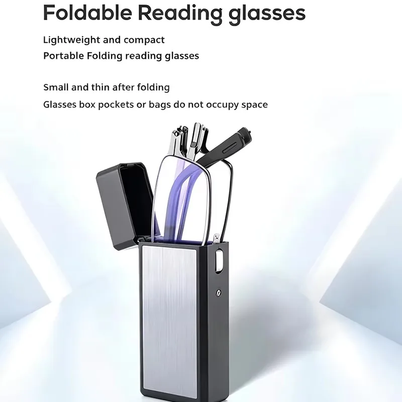 Metal Portable Folding Anti Blue Light Reading Glasses, Casual Style, With Alloy Protective Case, with Strength For Men