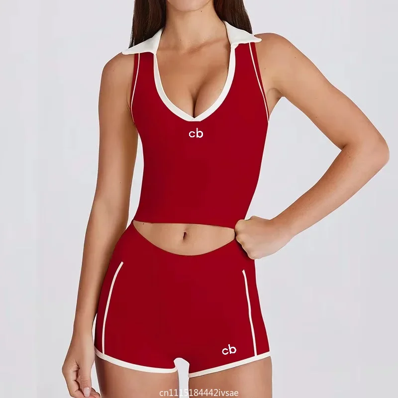 2026 Summer Women Color‑Block Lapel V‑Neck Yoga Tank Top Built‑in Bra Quick‑Dry Breathable Sleeveless Gym Pilates Top