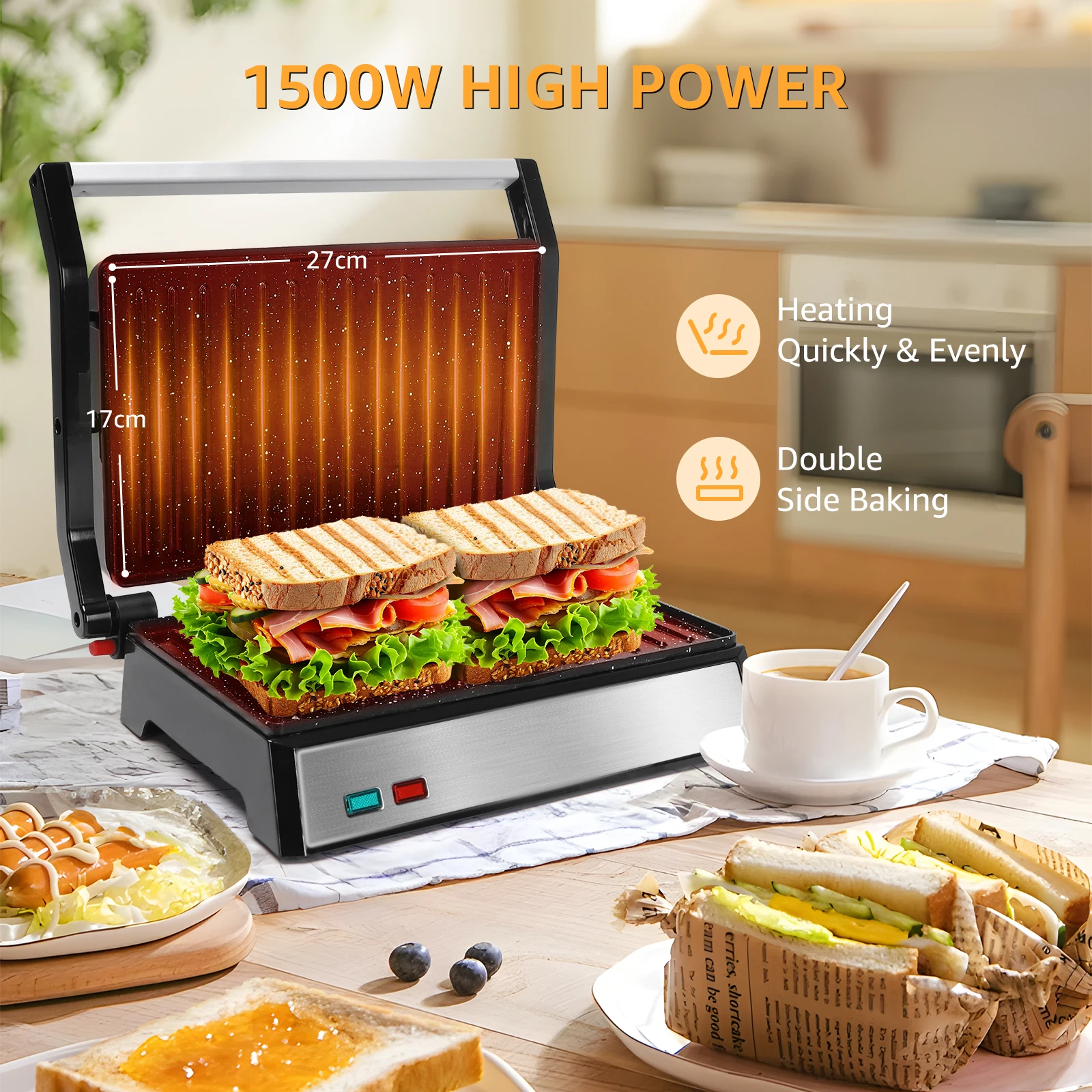 Aigostar Hett Pro Panini Maker/لوحة محمصة، طلاء حجر صديق للبيئة غير لاصق، صينية شحم، مكبس ساندويتش، مقلاة شواء كهربائية، 1500